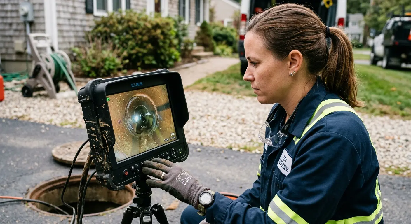 Technician reviewing sewer camera inspection footage in Waverly