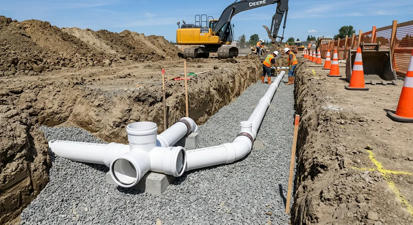 New PVC sewer pipe installation in open trench for Commercial Drain Cleaning in Waverly