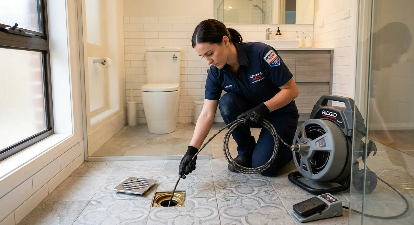Technician clearing a bathroom floor drain for Sewer Line Replacement in Waverly